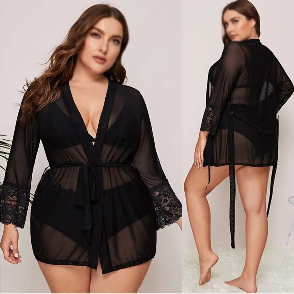 Women Sexy Lingerie Lace Plus Size Kimono Robe Mesh Nightgown Dress Sets US FAST